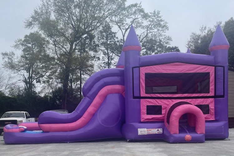 Pink and Purple Modular Bounce House Dual Lane Dry Slide Com